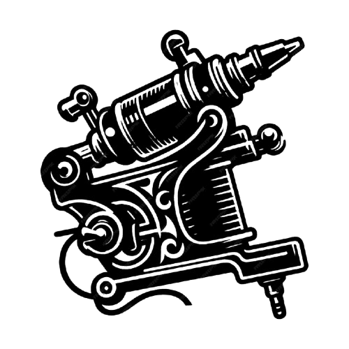 Un aparat de tatuaj stilizat, reprezentând un echipament clasic pentru realizarea tatuajelor artistice, utilizat în studioul OLD INK TATTOO București pentru creații unice și profesionale.